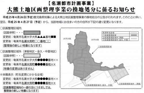 鹿児島県奄美市区画整理住所変更の案内